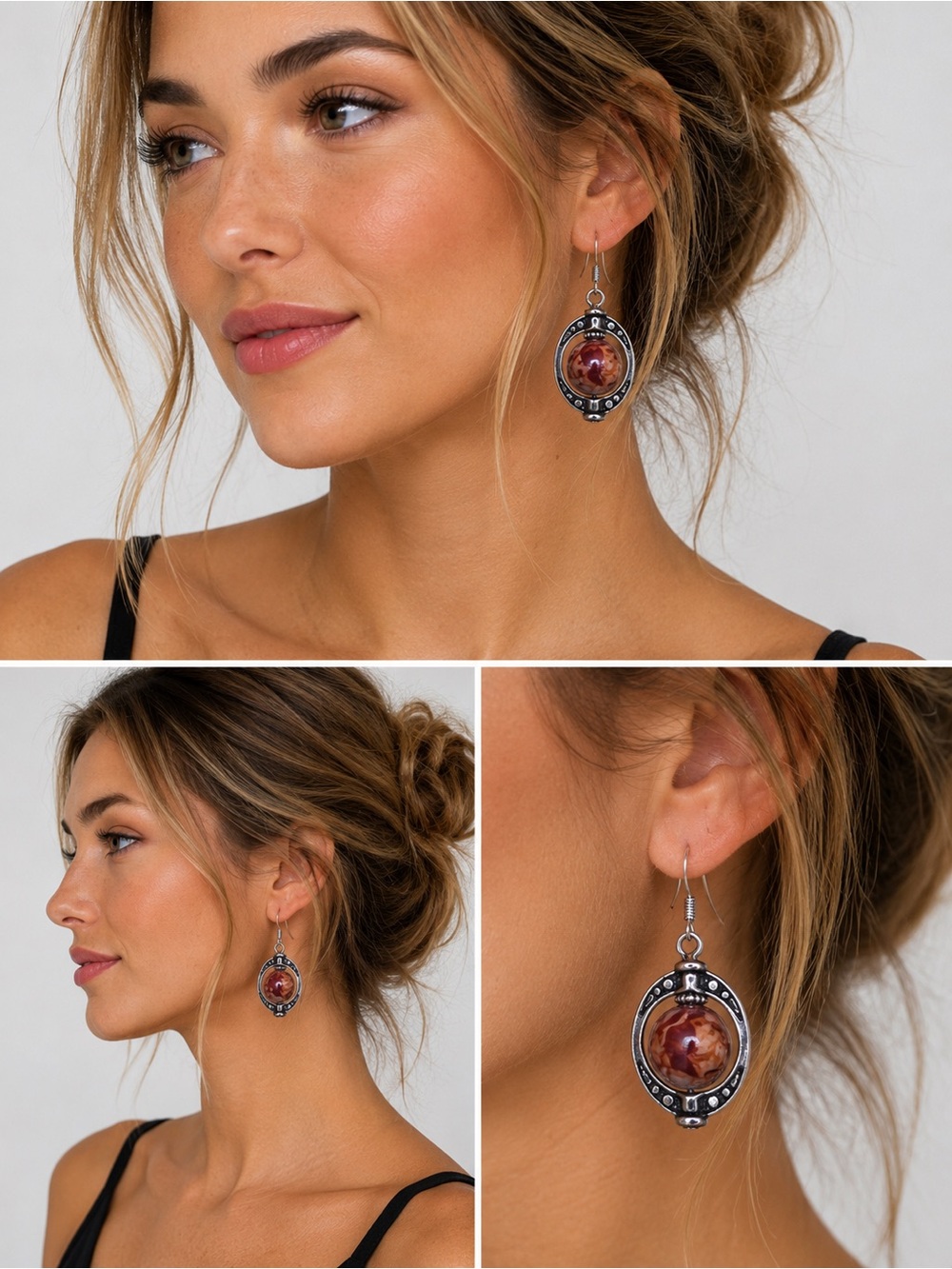 Handmade Brown Marbled Bead Silver Tone Dangle Earrings